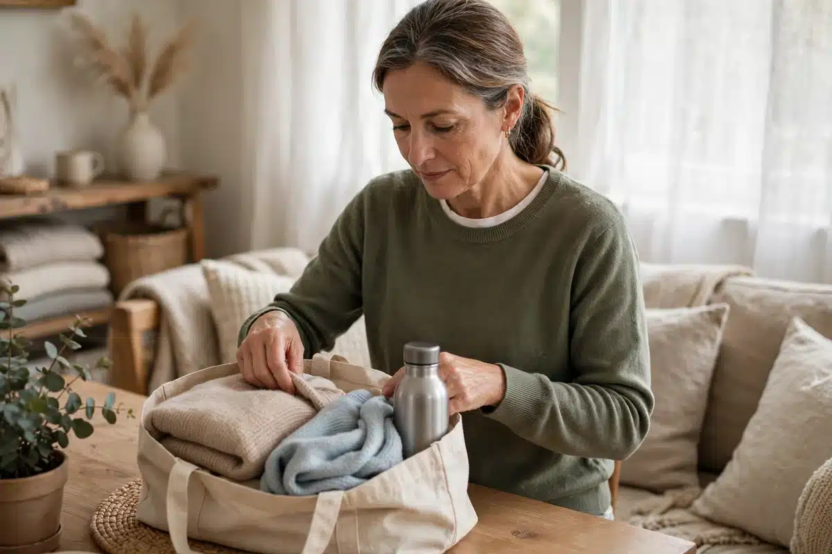 Photo of a woman in her 50s packing a tote bag at home with a folded sweater, a soft scarf and a water bottle in soft daylight