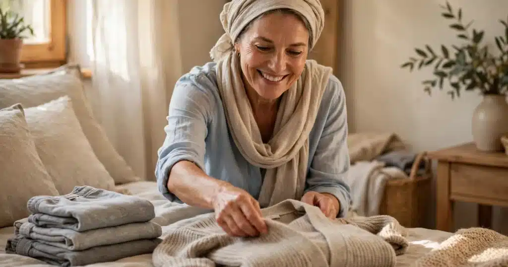 Photo of a woman in her 50s wearing a soft headscarf, choosing comfortable clothes at home and laying a soft cardigan on her bed in warm morning light
