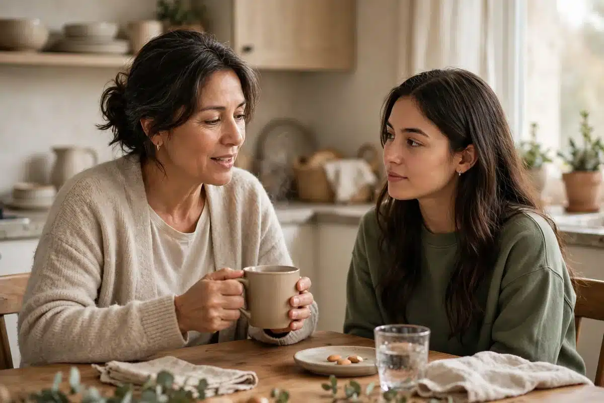 Photo of a woman and her adult daughter sitting together at a kitchen table at home, one quietly listening while the other holds a warm mug