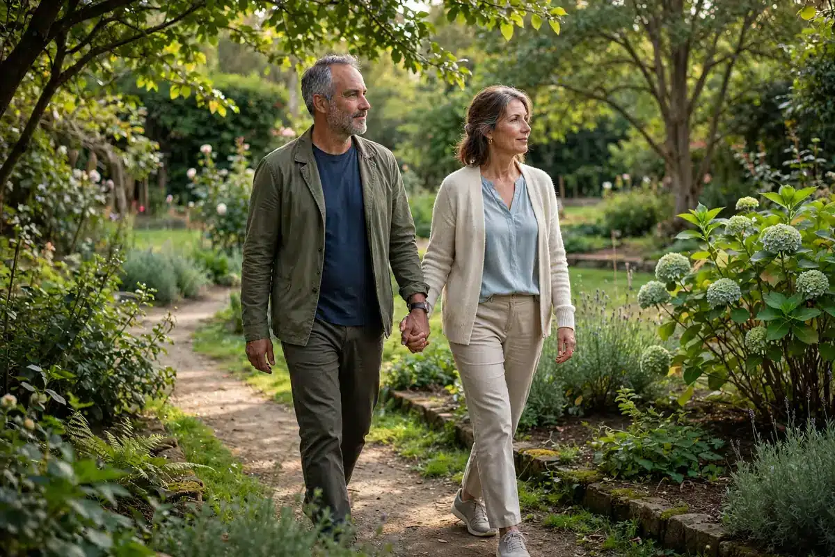 Photo of a husband and wife walking slowly side by side on a quiet garden path, holding hands in comfortable silence