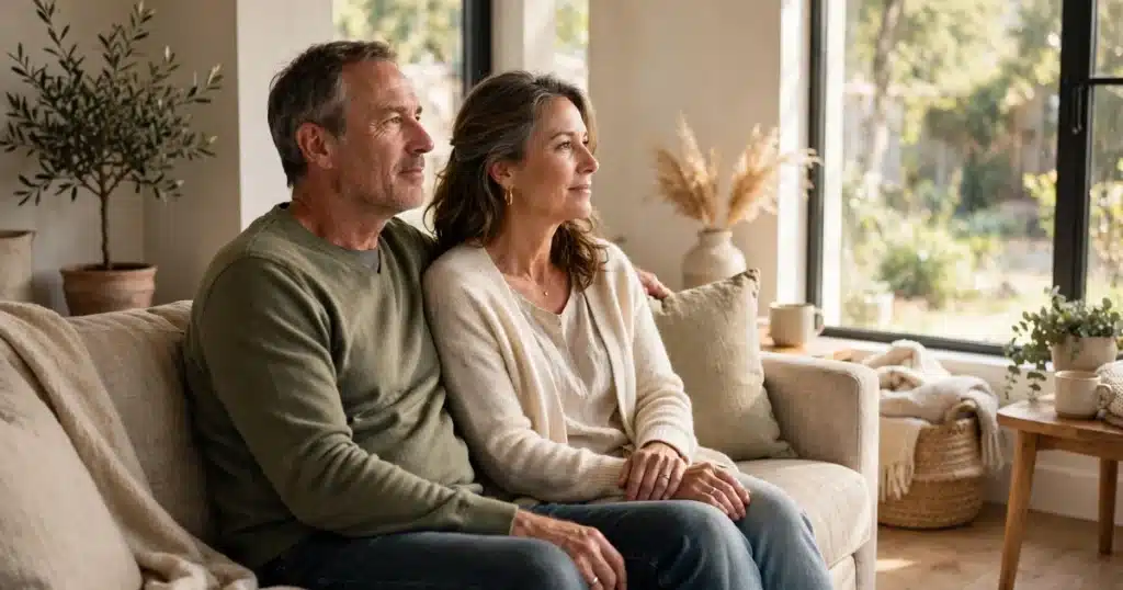Photo of a husband and wife sitting side by side on a sofa at home in comfortable silence, looking out a bright window together