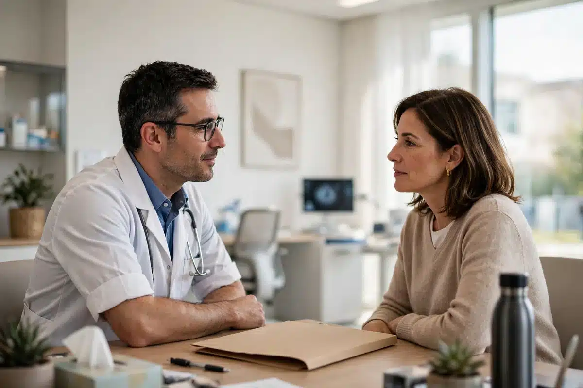 Photo of a radiologist and a woman in her 40s talking together in a bright clinic office, a plain folder of her past records on the desk