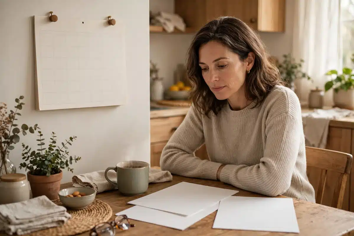 Photo of a woman in her 40s at her kitchen table at home looking at a plain wall calendar and appointment letters in warm natural light