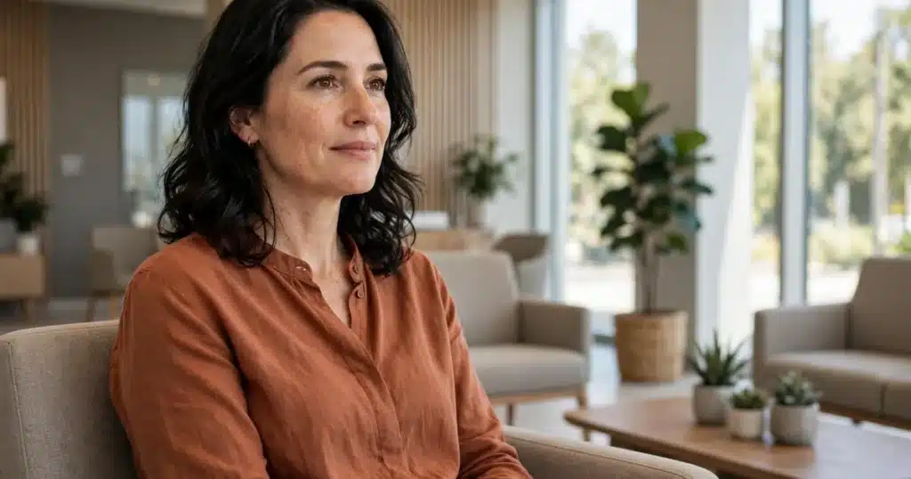 Photo of a woman in her 40s sitting in the bright waiting area of a modern imaging centre, calm before her mammogram appointment