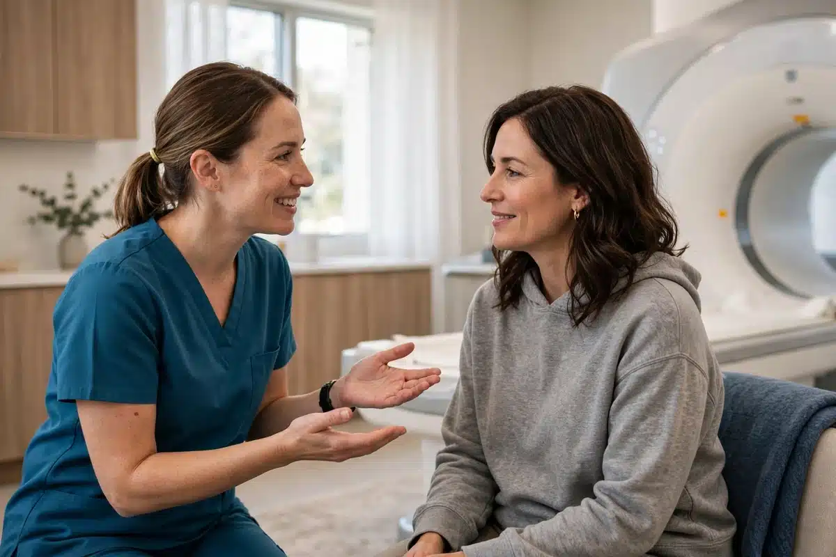 Friendly radiology technologist speaking warmly with a woman patient in a calm, bright imaging room