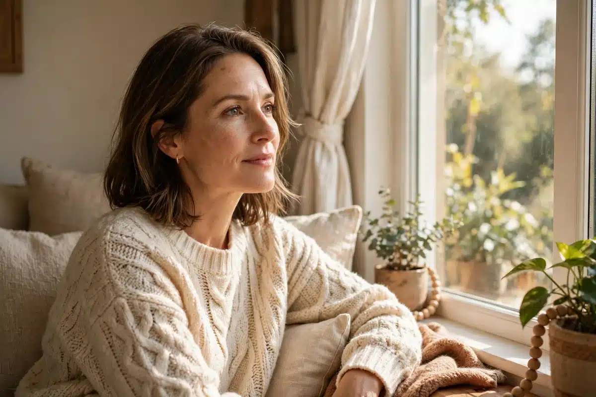 Woman sitting by a bright window at home, looking thoughtful and calm in warm natural light