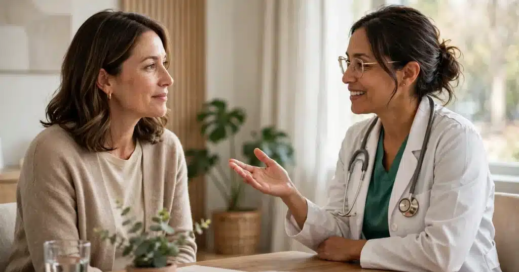 Woman in a calm conversation with her doctor in a bright clinic consultation room, discussing her breast cancer diagnosis with a hopeful mood