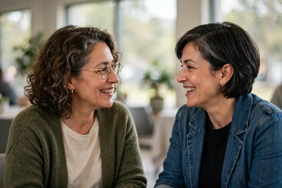 Photo of two women friends talking together at an indoor community awareness event, warm and engaged, soft natural light
