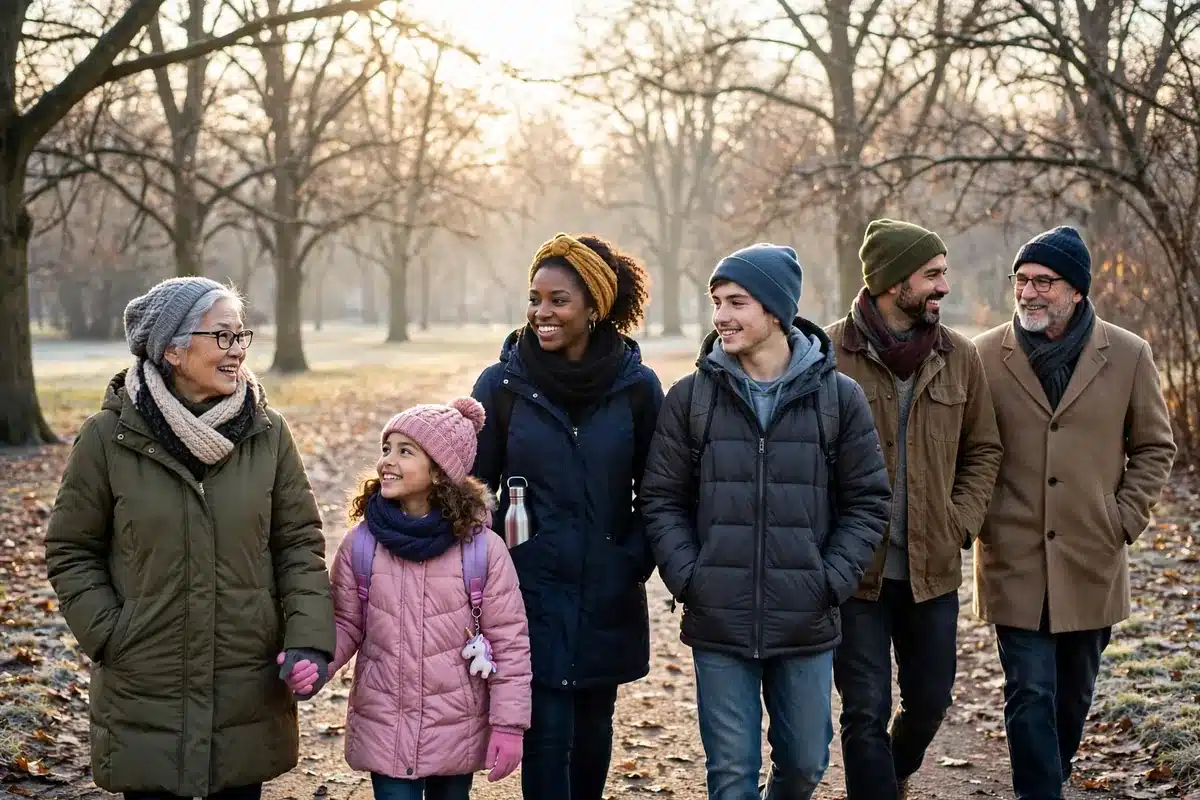 Photo of a group of people walking together along a park path on a bright winter morning during a community awareness walk