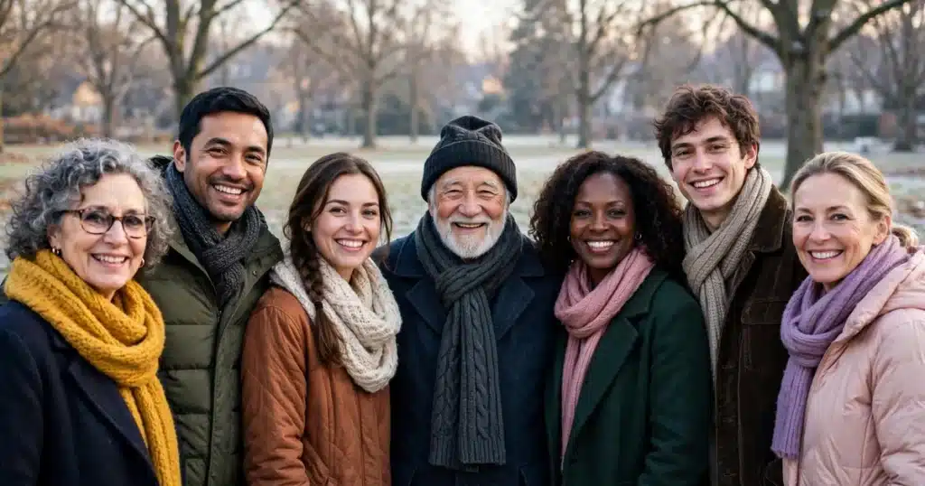 Photo of a group of women and men of different ages standing together outdoors at a community awareness gathering on a bright winter morning, smiling warmly