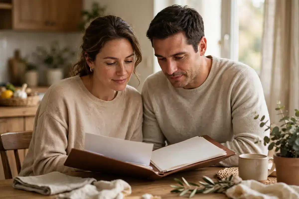 Woman reviewing a folder of health papers with a family member at a kitchen table in warm natural light