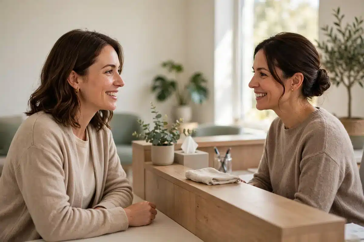 Patient smiling in a friendly conversation with clinic staff at a reception desk in soft daylight