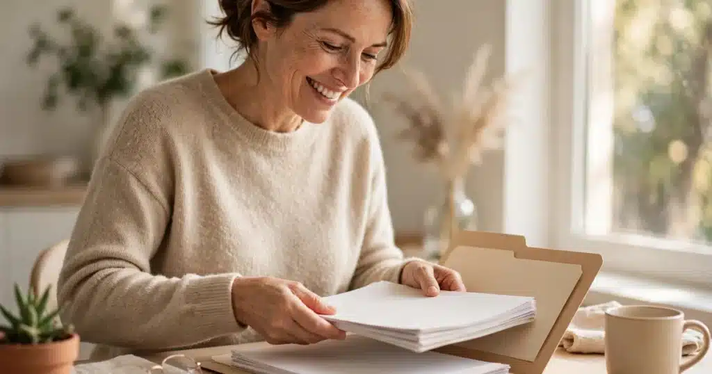 Woman organizing her personal health papers into a folder at a bright desk by a window